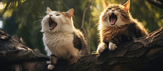 Two cats perched on a tree branch, mouths agape - obrazy, fototapety, plakaty