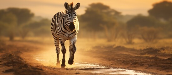 Obraz premium Zebra running on dusty trail amid trees