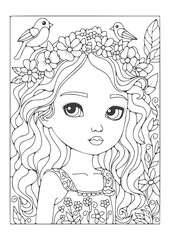 Coloring page for children and adults, line art, background for coloring with the image of a cute girl with long hair and in a summer dress. A small bird sits on her head. Art therapy.