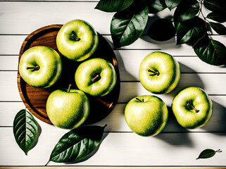 A bowl of green apples on a wooden table. - Powered by Adobe