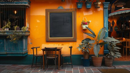Inviting entrance with a blank blackboard sign positioned outside a bustling Mexican restaurant