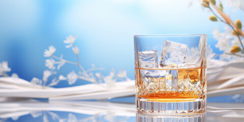 Fototapeta na wymiar Whiskey or scotch wide glass with ice on a blue floral background. Spring or summer advertising banner layout for alcoholic drinks.