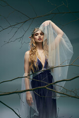 A young woman with an ethereal presence dons a beautiful blue dress and delicate veil, embodying the essence of a fantasy elf princess.