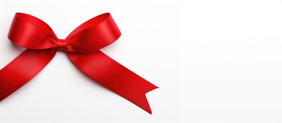 Close-up of crimson ribbon on white base