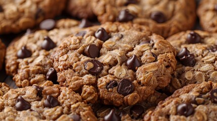 Intimate close-up of oatmeal cookies speckled with rich chocolate chips, a tempting treat