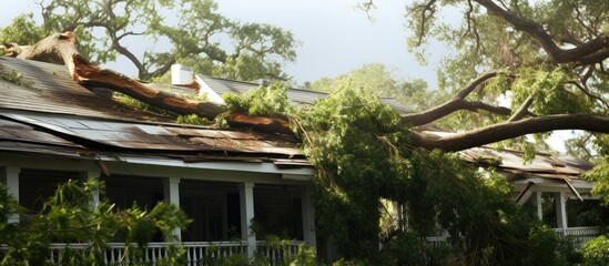 Tree-fallen giraffes on house roof - obrazy, fototapety, plakaty