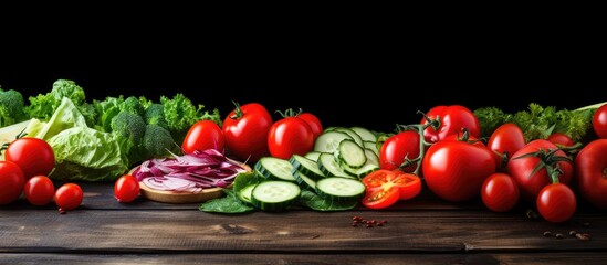 Fresh vegetables displayed on wooden surface