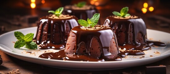 Chocolate pudding with mint leaves drizzled in chocolate sauce