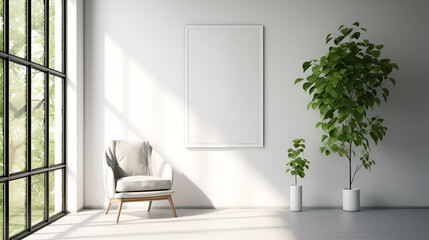Modern living room interior in scandinavian style, modern interior, blank white frame on the wall of living room