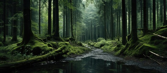 A serene brook flows through lush woods - obrazy, fototapety, plakaty