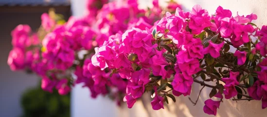 Foto op Plexiglas Purple flowers bloom on white wall near building © vxnaghiyev