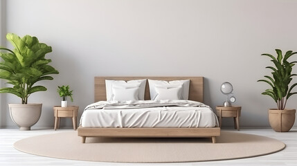 modern bedroom interior background ,Beautifully Designed Modern Farmhouse Bedroom ,Interior of modern bedroom with white walls, concrete floor, wooden master bed with gray linen and wooden wardrobe
