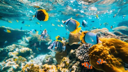 Colorful tropical fish swimming among corals under sun-pierced waters - obrazy, fototapety, plakaty
