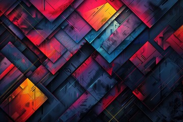 gleaming metallic rectangles in rich hues of dark sky-blue and light crimson. Layered in a complex and captivating composition, the perspective draws the viewer in