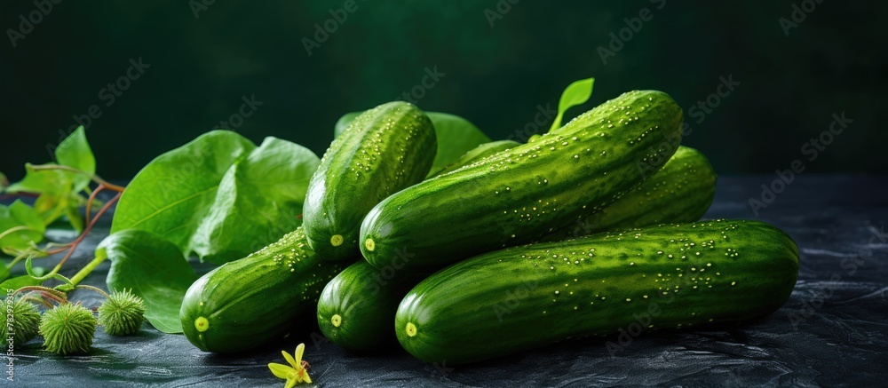 Poster mini green cucumbers with leaves on a tabletop