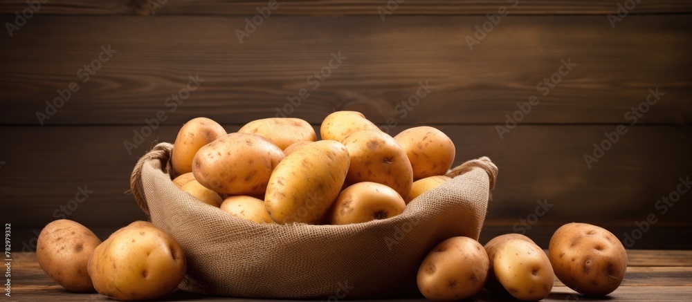 Aufkleber sack of potatoes on rustic table