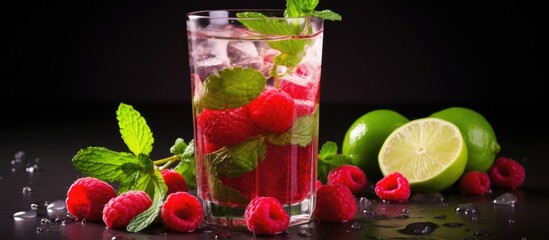 Glass water raspberries lime drink