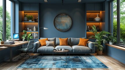 Home office interior, minimalist style, blue colors, partition between desk and sofa, isolated edges, hyper-realism, high detail, ultra HD quality - obrazy, fototapety, plakaty