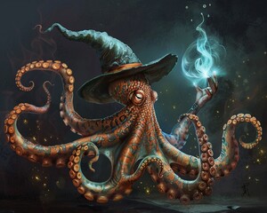 Fototapeta premium A wizard octopus casting spells with each arm, causing magical mayhem and laughs.
