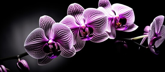 Purple orchids blooming on stem against dark backdrop