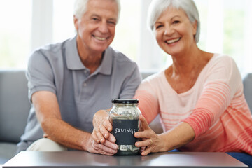 Money, investment and portrait of old couple with savings in jar for retirement, fund or future...