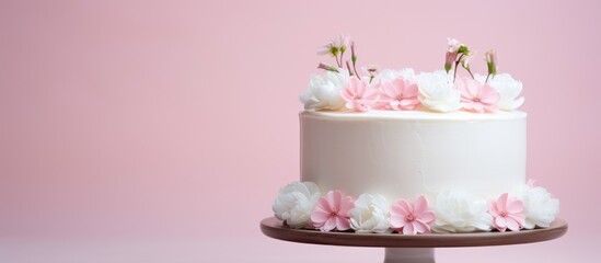 Pink flower adorned white cake