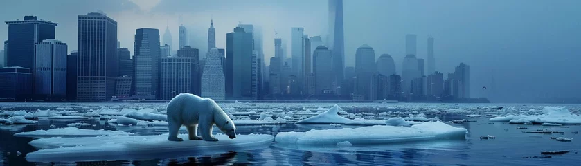 Fotobehang Dramatic visualization of climate change polar bear on a shrinking ice cap, city skylines suffering from extreme weather, poignant and powerful. © Arush