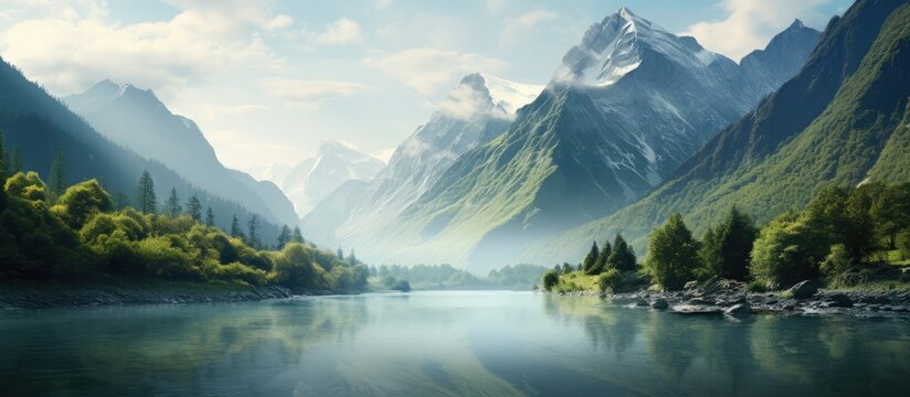 Mountains and trees reflect in lake water