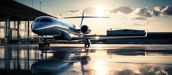 Private jet parked on apron with sunlight reflection