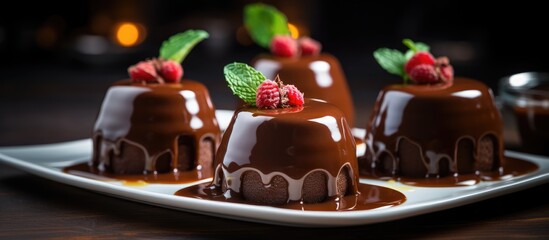 Chocolate puddings with raspberry and cocoa syrup on plate - obrazy, fototapety, plakaty