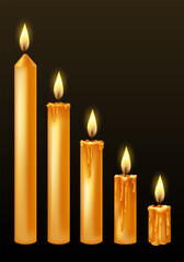 Burning candles with dripping or flowing wax. Yellow candles with golden flame. Lit and melted wax. Arranged from tall to low. Illustration of beautiful glowing candles on dark background