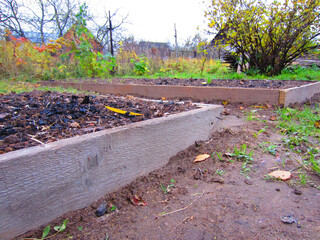 Beds in the form of boxes for growing vegetables in the garden are made of wide wooden planks.
