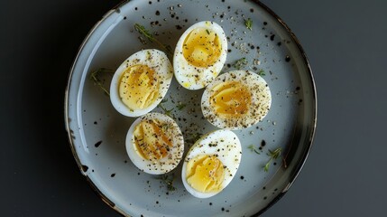 Artistic arrangement of halved boiled eggs, seasoned with salt and pepper, on a minimalist plate