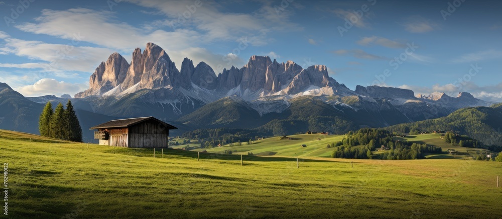 Canvas Prints Small cabin nestled in lush meadow with distant mountain view