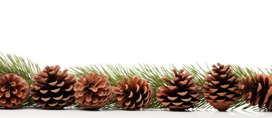 Pine cones in a row on white surface
