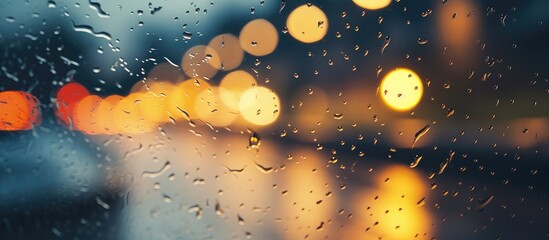 Rain drops on window with city street view - obrazy, fototapety, plakaty