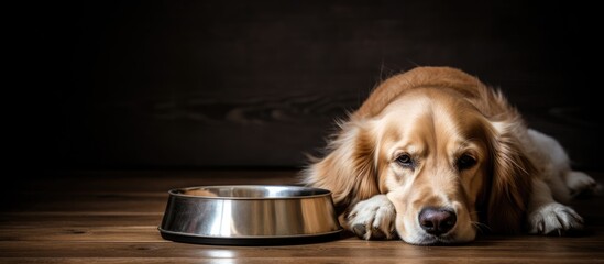 Dog Laying Next to Food Bowl - obrazy, fototapety, plakaty