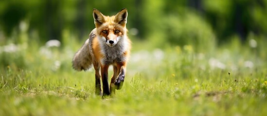 Fox running in grass with trees in background - obrazy, fototapety, plakaty