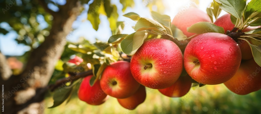 Poster sunlit apples on a tree in orchard