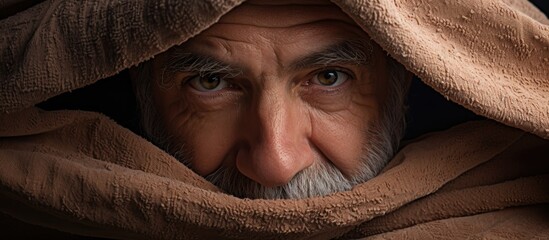 Man hides under blanket with beard showing - obrazy, fototapety, plakaty
