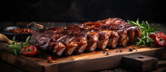Close-up of ribs and tomatoes on cutting board - obrazy, fototapety, plakaty