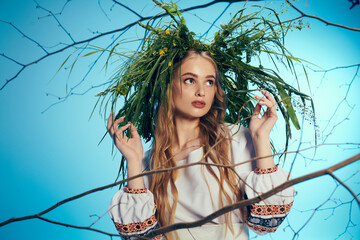 Young mavka in traditional outfit, adorned with fairy-like leaf wreath, exuding a mystical presence in a studio setting.