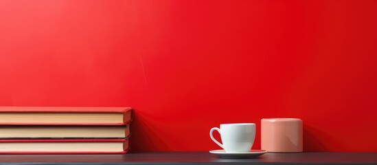 Stacked books, cup on table against red wall