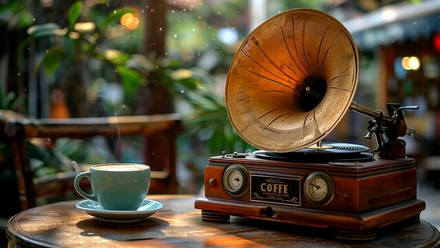 A cup of coffee and gramophone at an outdoor table, World music day concept. seamless looping 4k time-lapse video background