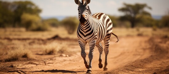 Naklejka premium Zebra sprinting on dusty path through grassland