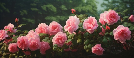 Pink roses in bush under sun