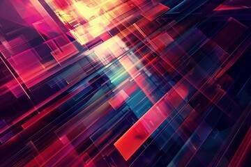 Abstract composition featuring lustrous metallic rectangles in a captivating color palette of dark sky-blue and light crimson. The layered elements create a sense of depth - obrazy, fototapety, plakaty