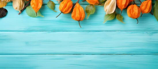 Orange blooms on blue table - obrazy, fototapety, plakaty