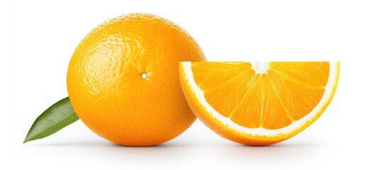 Half orange with leaf and ripe fruit on white background