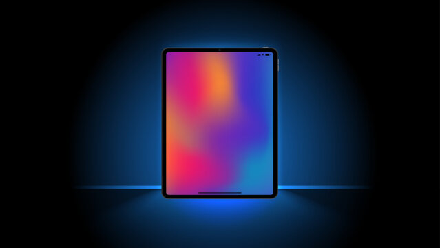 Smart device tablet computer light screen, mobile tab technology display light banner. The smartphone screen glows in the illustrations. Modern tablet vector abstract background
